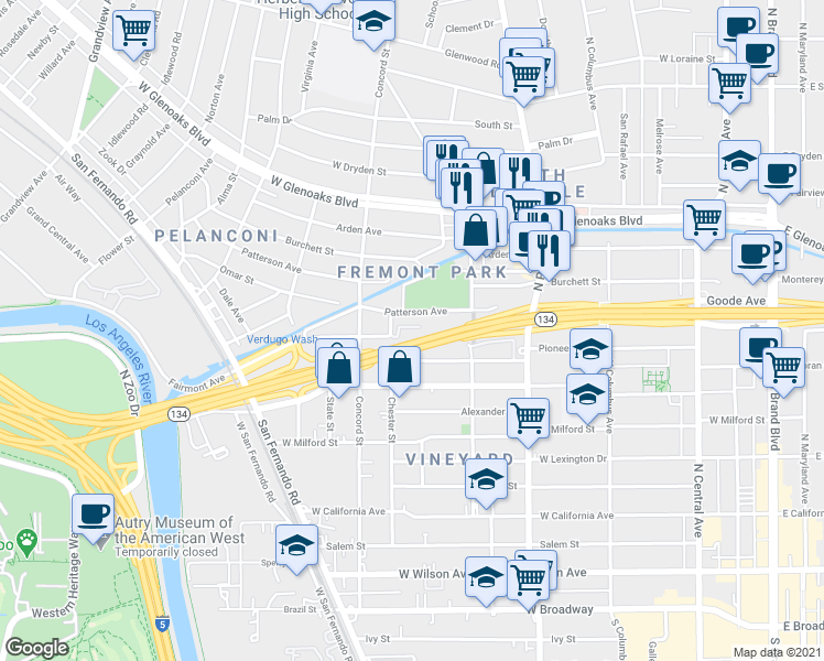 map of restaurants, bars, coffee shops, grocery stores, and more near 652 Patterson Avenue in Glendale