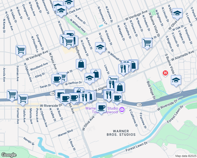 map of restaurants, bars, coffee shops, grocery stores, and more near 301 North Avon Street in Burbank