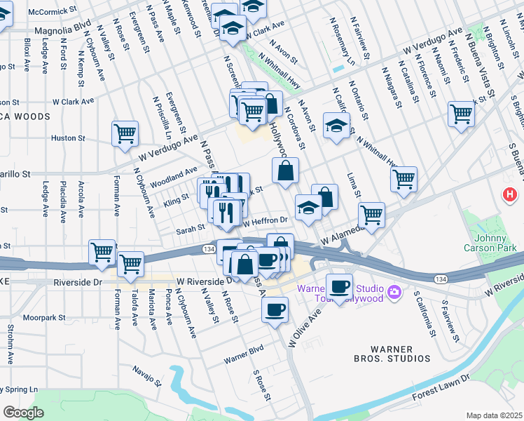 map of restaurants, bars, coffee shops, grocery stores, and more near 333C North Kenwood Street in Burbank