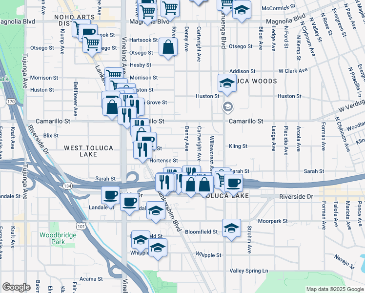 map of restaurants, bars, coffee shops, grocery stores, and more near 10740 Blix Street in Los Angeles