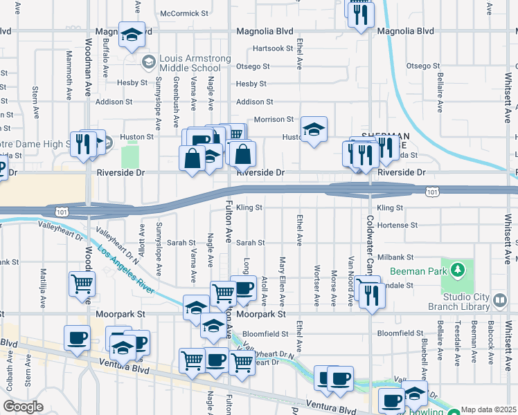 map of restaurants, bars, coffee shops, grocery stores, and more near 4719 Atoll Avenue in Los Angeles