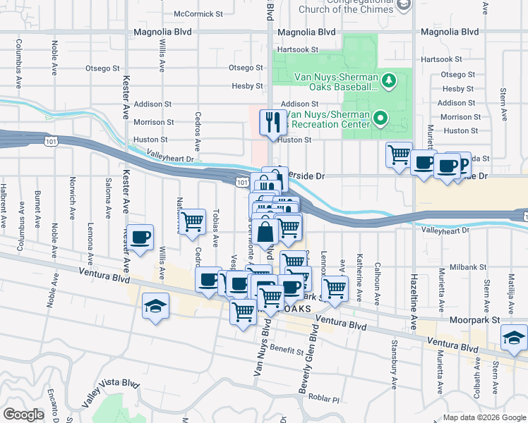 map of restaurants, bars, coffee shops, grocery stores, and more near 4717 Van Nuys Boulevard in Los Angeles