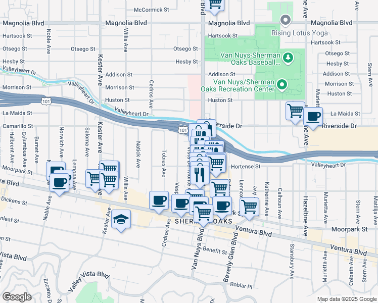 map of restaurants, bars, coffee shops, grocery stores, and more near 4712 Vesper Avenue in Los Angeles