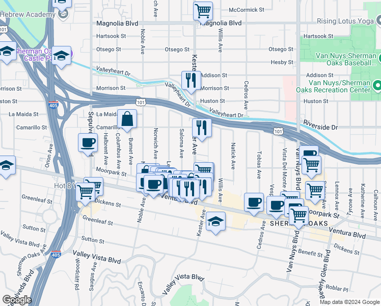 map of restaurants, bars, coffee shops, grocery stores, and more near 4727 Kester Avenue in Los Angeles