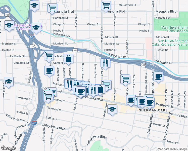 map of restaurants, bars, coffee shops, grocery stores, and more near 4728 Lemona Avenue in Los Angeles
