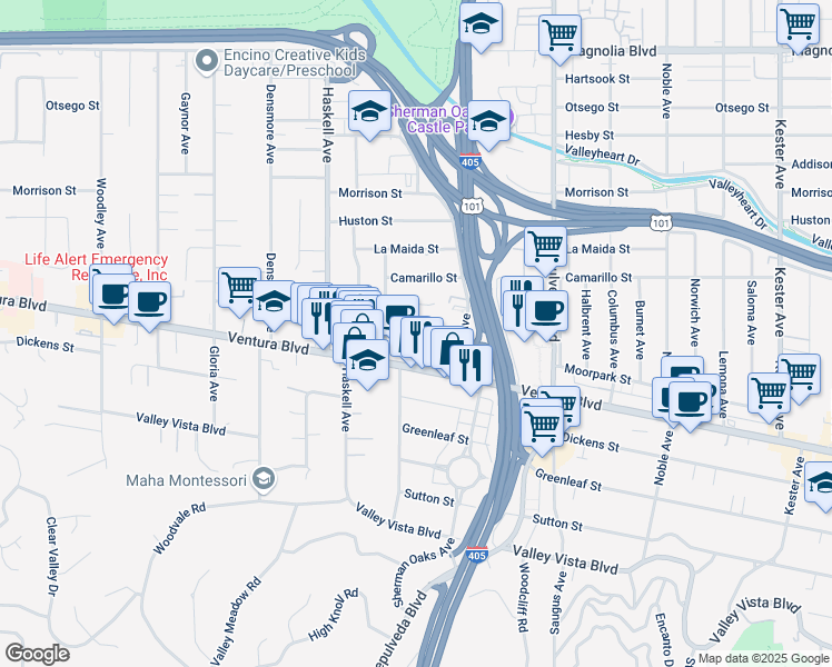 map of restaurants, bars, coffee shops, grocery stores, and more near 15456 Milbank Street in Los Angeles