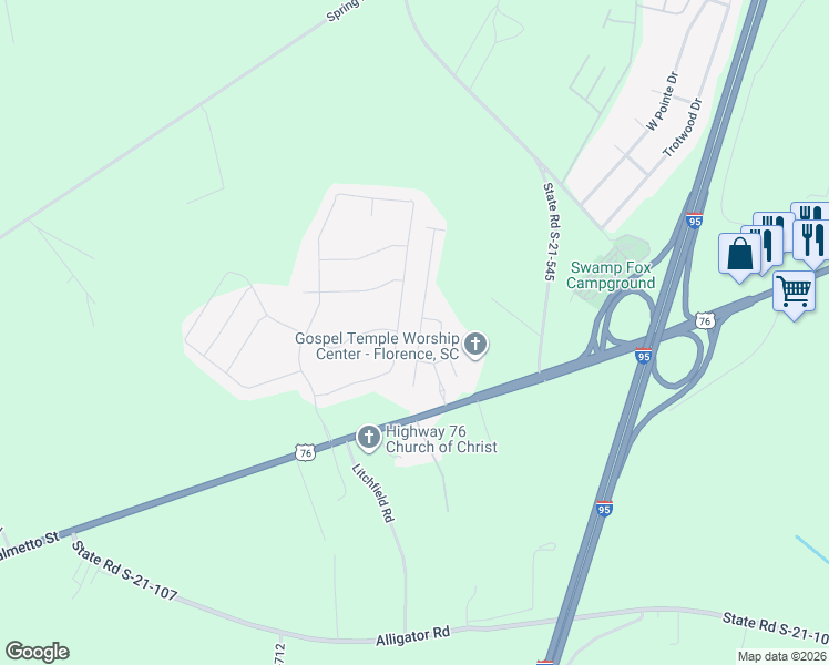 map of restaurants, bars, coffee shops, grocery stores, and more near 1662 Lake Wateree Drive in Florence
