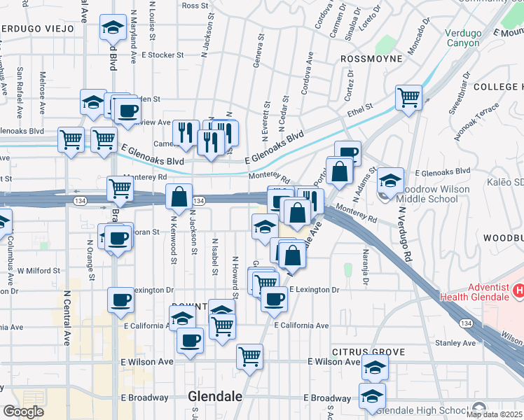 map of restaurants, bars, coffee shops, grocery stores, and more near 630 Geneva Street in Glendale