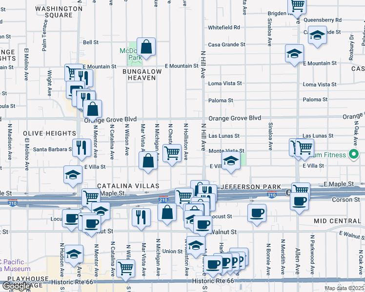 map of restaurants, bars, coffee shops, grocery stores, and more near 567 North Holliston Avenue in Pasadena