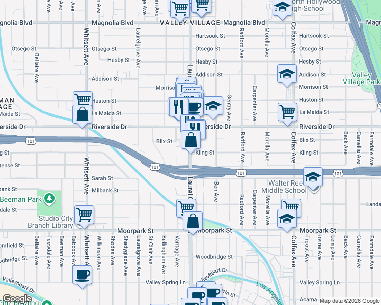 map of restaurants, bars, coffee shops, grocery stores, and more near Laurel Canyon Boulevard & Kling Street in Los Angeles