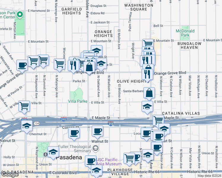 map of restaurants, bars, coffee shops, grocery stores, and more near 570 North Madison Avenue in Pasadena