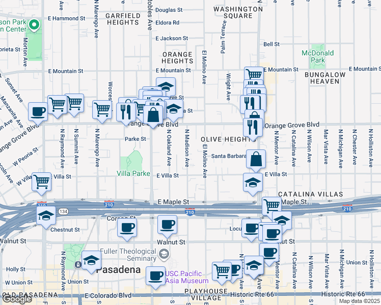 map of restaurants, bars, coffee shops, grocery stores, and more near 570 North Madison Avenue in Pasadena