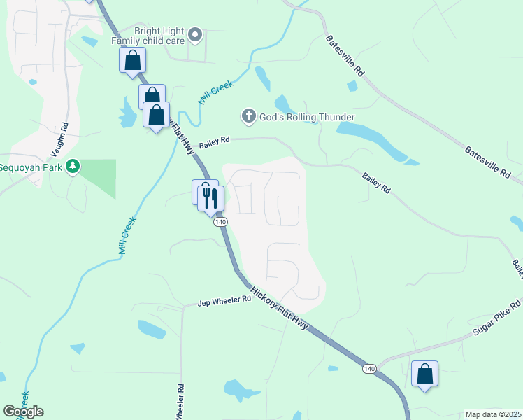 map of restaurants, bars, coffee shops, grocery stores, and more near 314 Park Creek Ridge in Woodstock