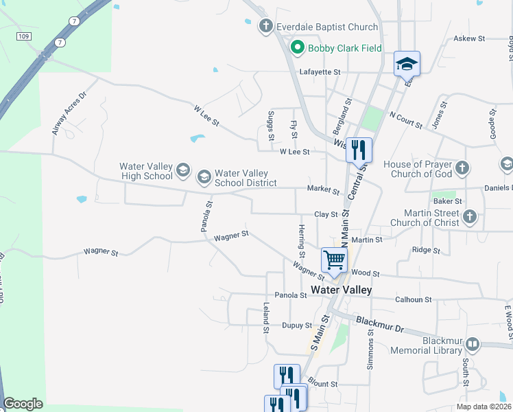 map of restaurants, bars, coffee shops, grocery stores, and more near 402 Beacham Street in Water Valley