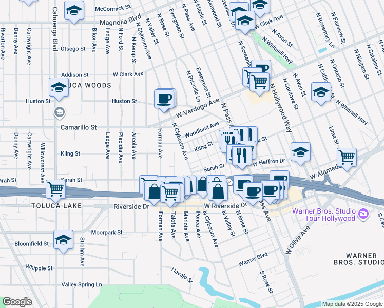 map of restaurants, bars, coffee shops, grocery stores, and more near 4426 West Kling Street in Burbank