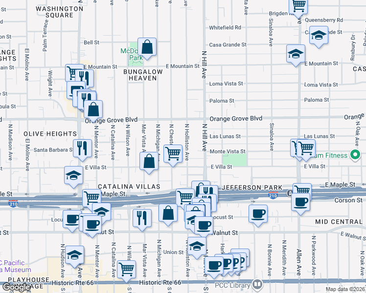 map of restaurants, bars, coffee shops, grocery stores, and more near 567 North Holliston Avenue in Pasadena