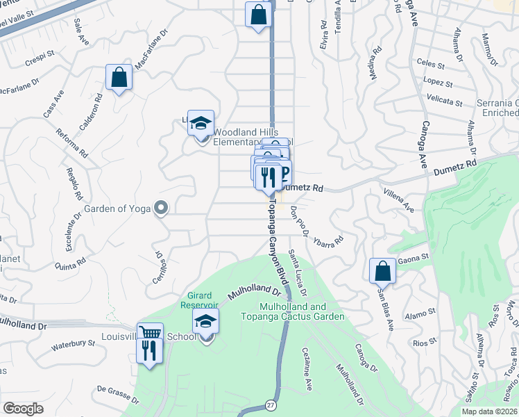 map of restaurants, bars, coffee shops, grocery stores, and more near 22020 Viscanio Road in Los Angeles