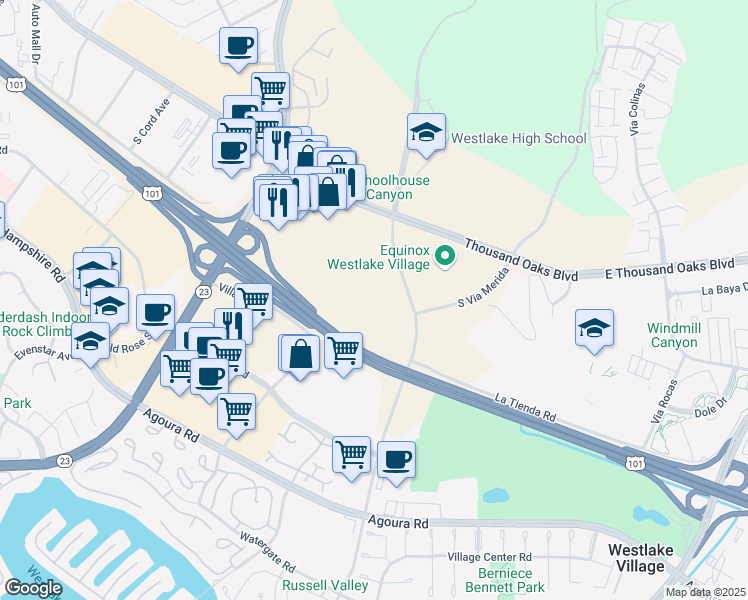 map of restaurants, bars, coffee shops, grocery stores, and more near 1 Baxter Way in Westlake Village