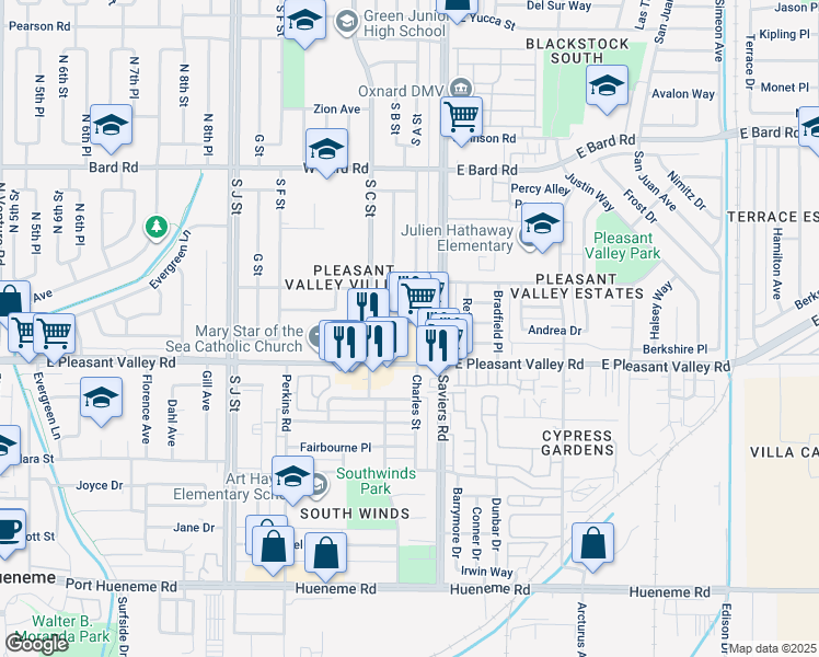 map of restaurants, bars, coffee shops, grocery stores, and more near 245 Rosa Street West in Oxnard
