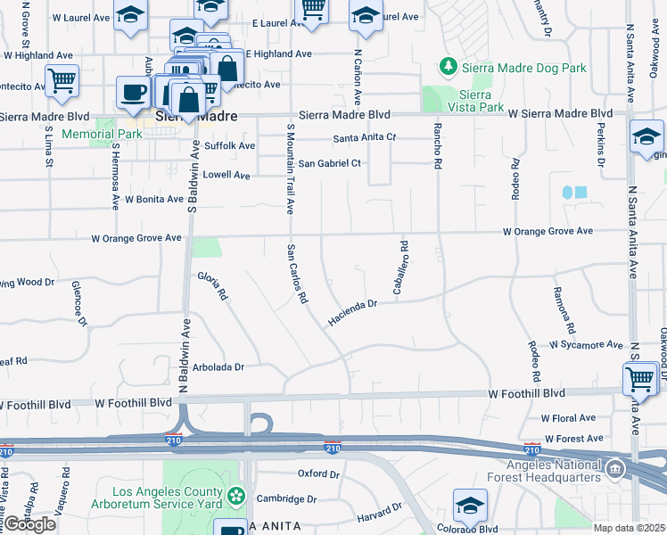 map of restaurants, bars, coffee shops, grocery stores, and more near 320 West Orange Grove Avenue in Arcadia