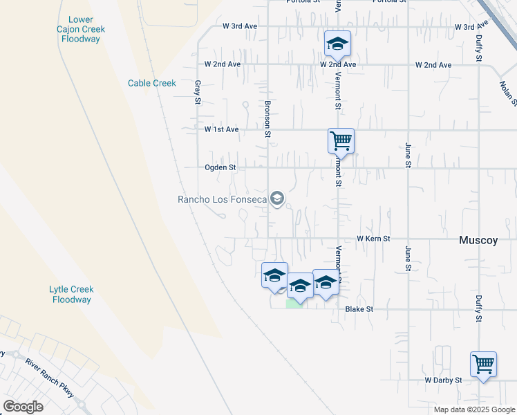 map of restaurants, bars, coffee shops, grocery stores, and more near 3280 Bronson Street in Muscoy