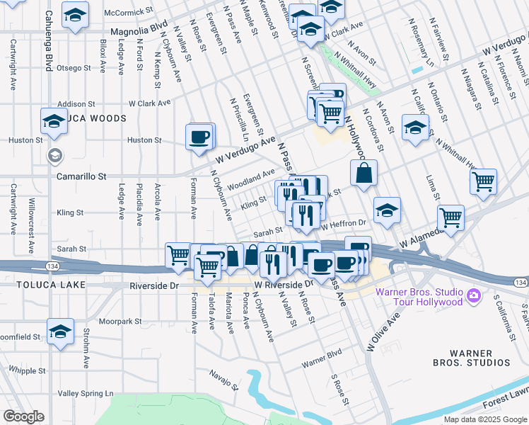 map of restaurants, bars, coffee shops, grocery stores, and more near 4248 West Kling Street in Burbank
