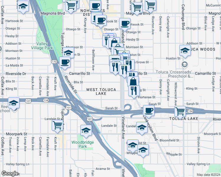 map of restaurants, bars, coffee shops, grocery stores, and more near 11043 Kling Street in Los Angeles