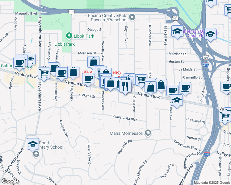 map of restaurants, bars, coffee shops, grocery stores, and more near 16025 Ventura Boulevard in Los Angeles