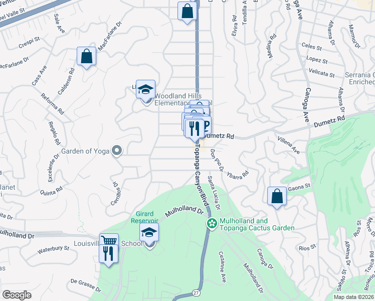 map of restaurants, bars, coffee shops, grocery stores, and more near 22018 Dumetz Road in Los Angeles
