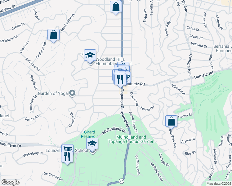 map of restaurants, bars, coffee shops, grocery stores, and more near 22020 Viscanio Road in Los Angeles