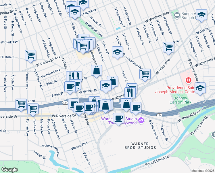 map of restaurants, bars, coffee shops, grocery stores, and more near 244 North Hollywood Way in Burbank