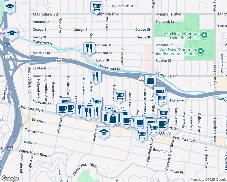 map of restaurants, bars, coffee shops, grocery stores, and more near 4655 Natick Avenue in Los Angeles
