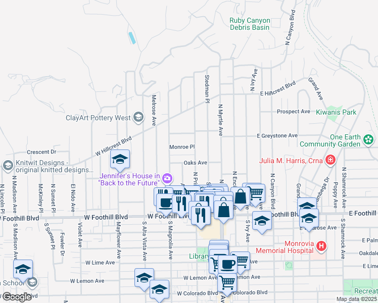 map of restaurants, bars, coffee shops, grocery stores, and more near 212 Monroe Place in Monrovia
