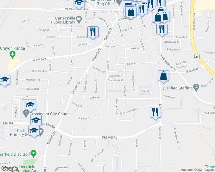 map of restaurants, bars, coffee shops, grocery stores, and more near 222 Luckie Street in Cartersville