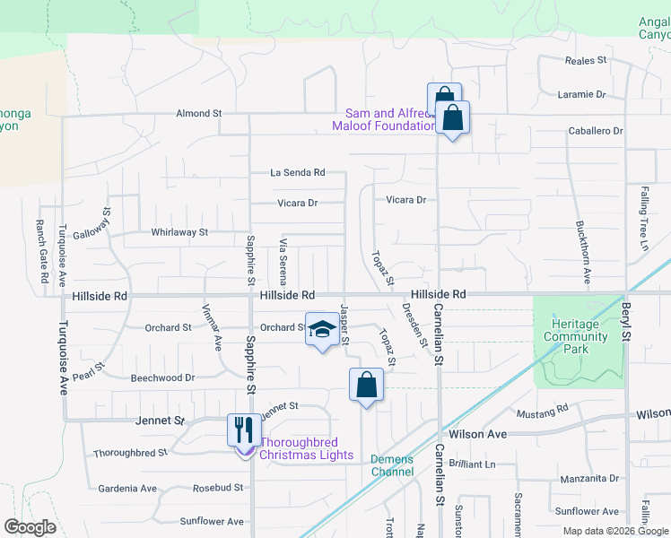 map of restaurants, bars, coffee shops, grocery stores, and more near 5404 Jasper Street in Rancho Cucamonga