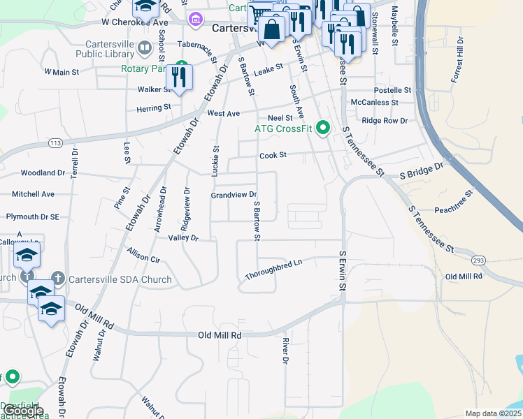 map of restaurants, bars, coffee shops, grocery stores, and more near 526 South Bartow Street in Cartersville