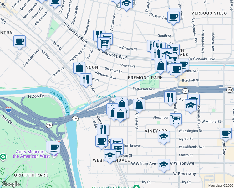 map of restaurants, bars, coffee shops, grocery stores, and more near 767 Fairmont Avenue in Glendale