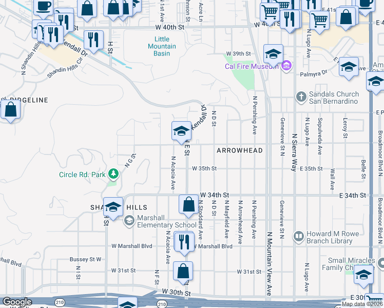 map of restaurants, bars, coffee shops, grocery stores, and more near 3557 North E Street in San Bernardino