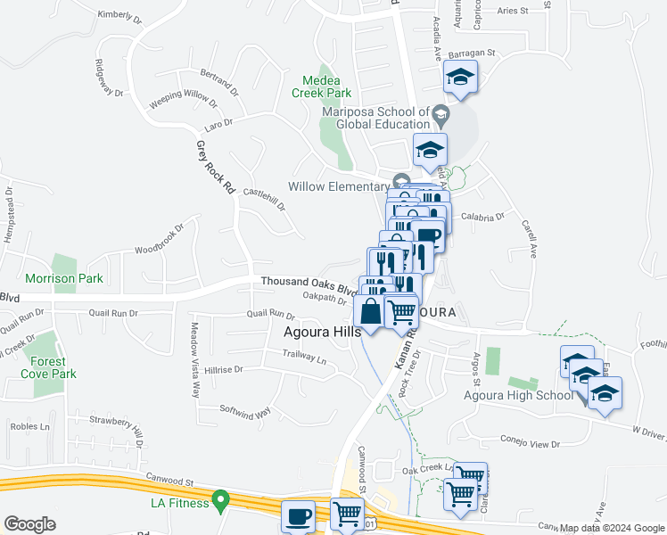 map of restaurants, bars, coffee shops, grocery stores, and more near 5720 Skyview Way in Agoura Hills