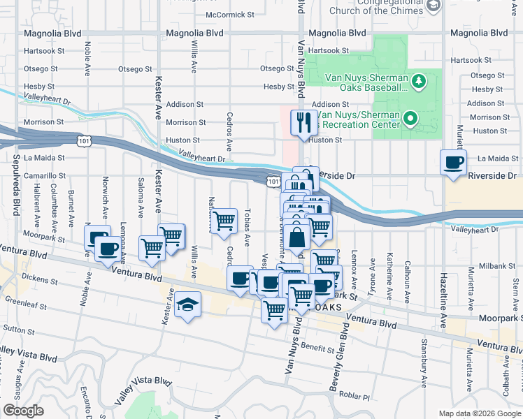 map of restaurants, bars, coffee shops, grocery stores, and more near 4641 Vesper Avenue in Los Angeles