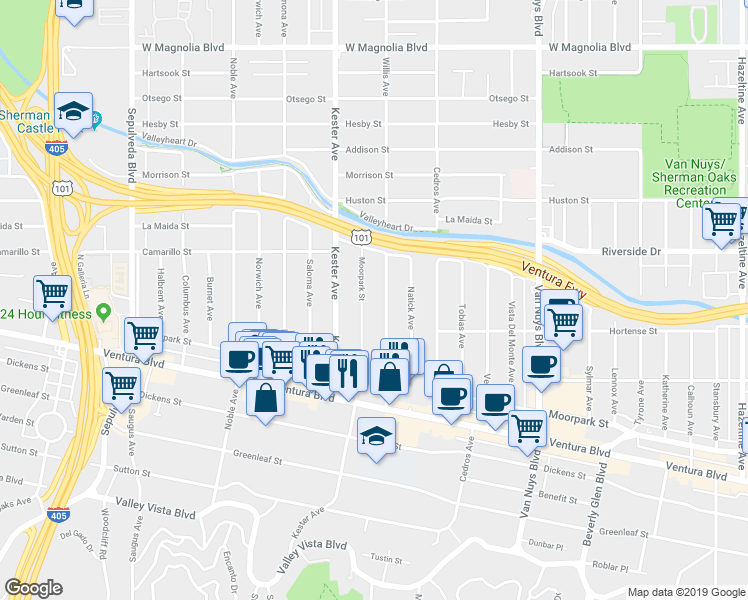 map of restaurants, bars, coffee shops, grocery stores, and more near 4724 Kester Avenue in Los Angeles