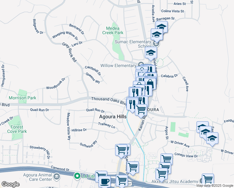 map of restaurants, bars, coffee shops, grocery stores, and more near 5716 Skyview Way in Agoura Hills