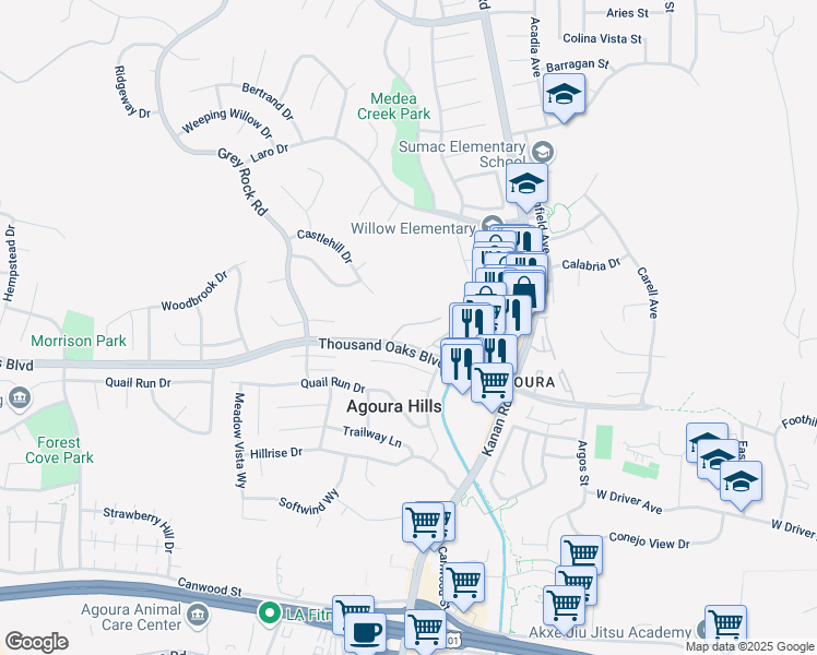 map of restaurants, bars, coffee shops, grocery stores, and more near 5728 Skyview Way in Agoura Hills