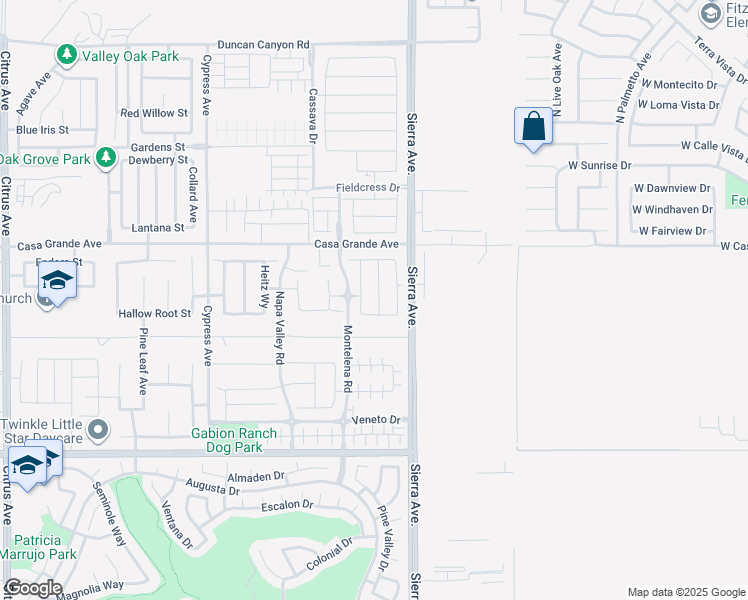 map of restaurants, bars, coffee shops, grocery stores, and more near 5400 Corison Way in Fontana