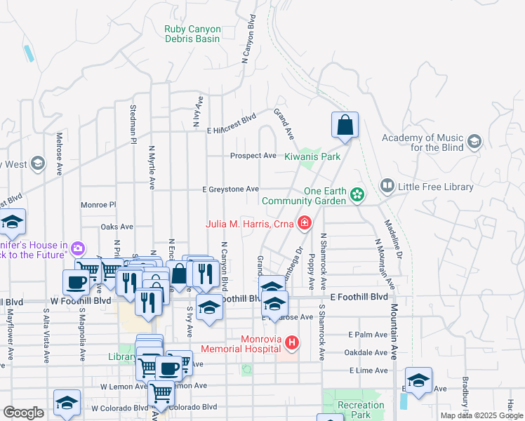 map of restaurants, bars, coffee shops, grocery stores, and more near 253 Aspen Drive in Monrovia