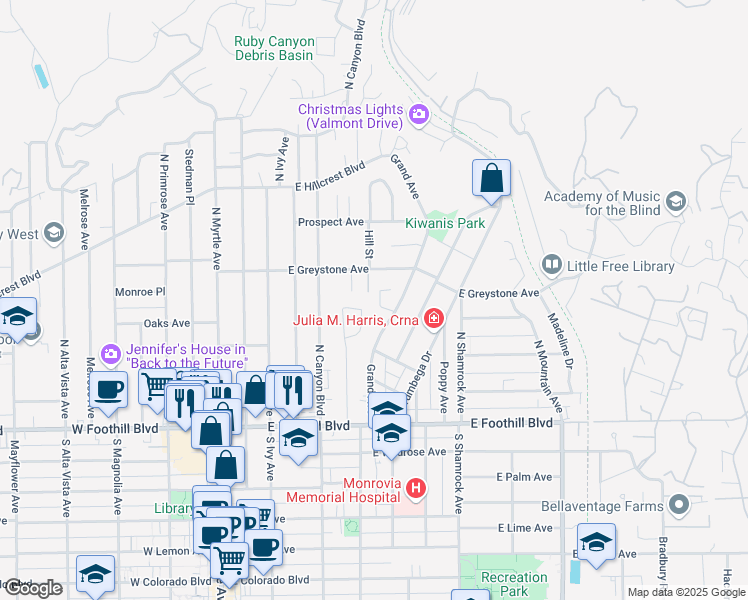 map of restaurants, bars, coffee shops, grocery stores, and more near 253 Aspen Drive in Monrovia