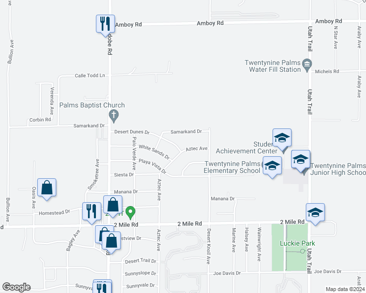 map of restaurants, bars, coffee shops, grocery stores, and more near 74004 Aztec Avenue in Twentynine Palms