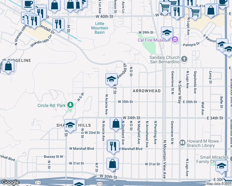 map of restaurants, bars, coffee shops, grocery stores, and more near in San Bernardino