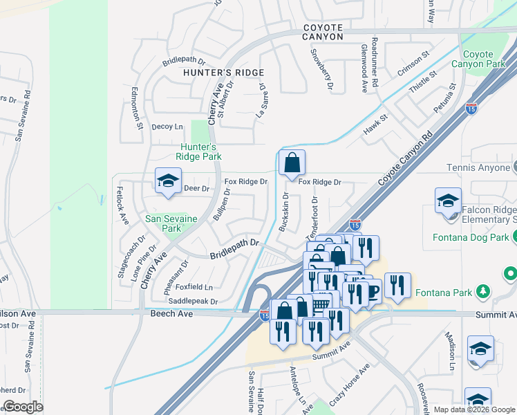 map of restaurants, bars, coffee shops, grocery stores, and more near 5373 Grand Prix Court in Fontana