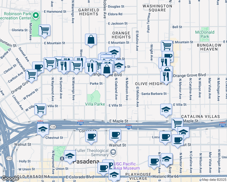 map of restaurants, bars, coffee shops, grocery stores, and more near 607 North Oakland Avenue in Pasadena
